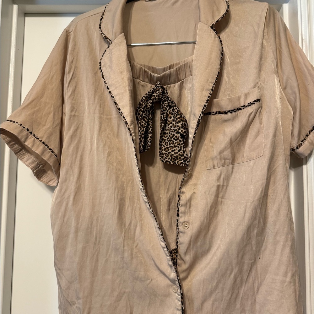 Women's Tan Pajama Set with Leopard Accents